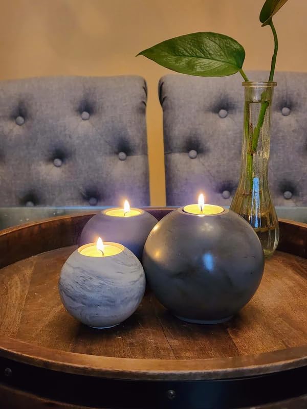 Concrete Sphere Tea Light Holder - Minimalist Centerpiece - Candle Holder - Modern Interior Design (Buff, Set of 3 Sizes) - color: Buff, size: Set of 3 Sizes