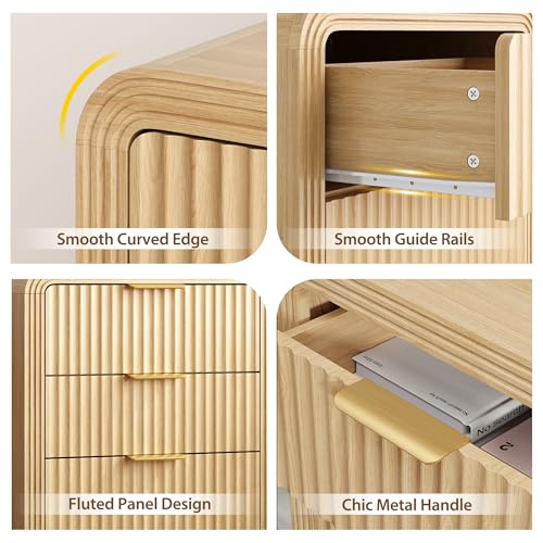 Decofy Fluted Nightstand with Charging Station, Modern Bedroom Side Table with Gold Handles, Curved Profile Design, End Table Wood Organizer for Bedroom, 19.7" & 3 Drawers (1 Pack, Natural Oak) - color: Natural Oak, size: 3 Drawer( 15.5"D x 19.6"W x 24"H)