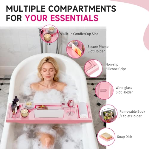 Foldable Bathtub Caddy Tray, Bamboo Bath Tub Tray Table for Tub with Wine Glass Holder Book Phone Tablet Holder with Extending Sides, Adjustable Bathroom Bathtub Free Soap Holder Gift Idea (Pink) - color: Pink