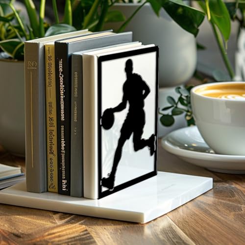 Peacoblue Metal Bookends for Shelves, Modern Decorative Heavy Duty Study Book Ends Stoppers for Office, Desk, Shelf, Room 5.3"x4.3"x7.9" Cast Iron Simple Tall Bookends 1 Pair (Basketball) - style: Basketball