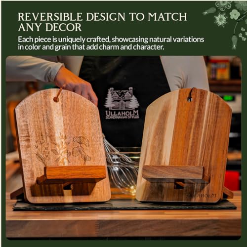 Wood Cook Book Stand for Kitchen Counter, Mothers Day Gift for Mom, Reversible Acacia Recipe Book Holder, Cooking Measurement Conversion Card, Adjustable Tablet Holder, Charging Cable Slot - style: Modern Classic