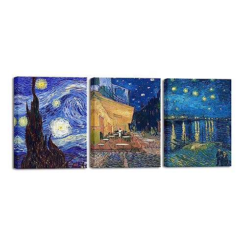 Wieco Art 3 Panels Canvas Prints of Vincent Van Gogh Paintings Reproduction Starry Night Over the Rhone Cafe Terrace at Night Canvas Wall Art for Living Room Home Office Decor - color: Van Gogh Paintings, size: 12 x 16 inches (Unframed)