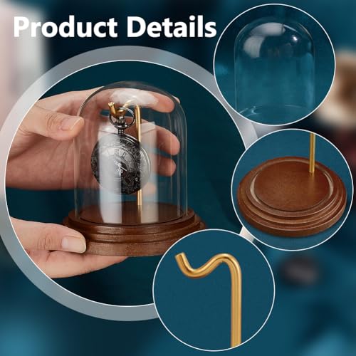 PH PandaHall Pocket Watch Display Dome Cloche with Hook 4.2"x4" Watch Display Jar Decorative Glass Display Case with Wood Base Plants Showcase for Watch Plants Medals Collectibles Ornaments - size: 4.2x4 Inch