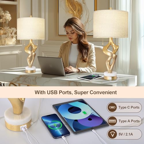 Scenekoy Sculptural Table Lamp Set of 2 with USB Ports for Bedroom Living Room, 26” Gold Leaf Marble Base Bedside Lamps, Pull Chains Switch Modern Nightstand Lamp for Home Room Decor (Bulbs Included) - size: 26 inches Gold Leaf -028-2