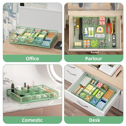 Marbrasse Expandable Desk Drawer Organizer, Mesh Drawer Organizer Tray with 10 Adjustable Compartments, Desk Organizers and Accessories for Office Supplies, Makeup & Vanity (Expandable-Green) - color: Expandable-Green