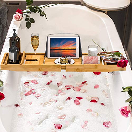 Domax Bathtub Caddy Tray Expandable Bamboo Tub Tray for Luxury Bath with Book Holder and Free Soap Dish Yellow - color: Yellow