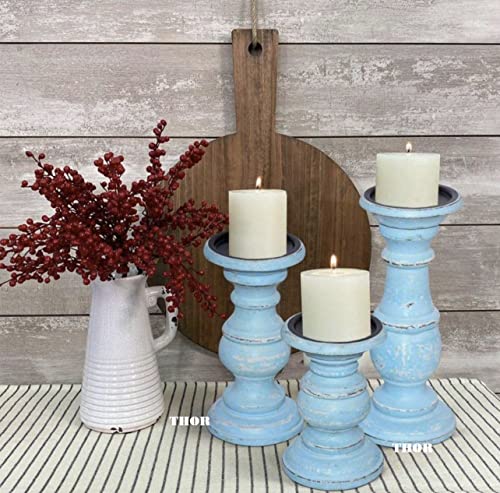 Decorative Light Blue Wood Turned Style Pillar Candle Holder with Distressed Finish, Set of 3 6", 8", 10" H, Light Blue