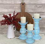 Decorative Light Blue Wood Turned Style Pillar Candle Holder with Distressed Finish, Set of 3 6", 8", 10" H, Light Blue