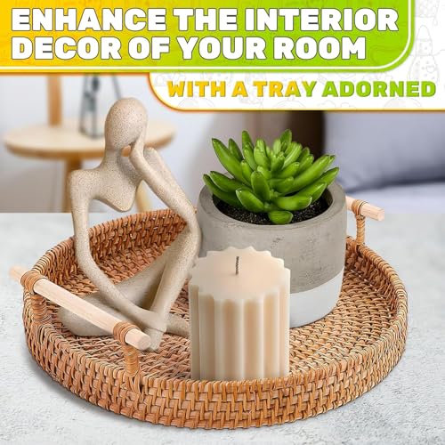 Rattan Tray 8.7-Inch Round – Woven Serving Basket with Handles – Holidays Romantic Decorative Tray for Coffee Table, Bread, Fruit, Vegetables, Restaurant & Home Use Charming Styling Coffee Table Decor