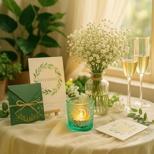 6 Pack Sun Moon Star Embossed Glass Tea Light Candle Holders - Votive Candle Holders for Wedding, Party, Home Decor, and Table Centerpieces (Apple Green) - color: Apple Green