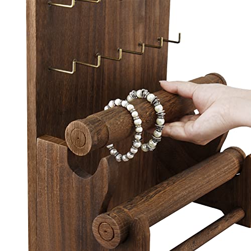 Ikee Design 18 Hooks and 2 Removable Bars Wood Jewelry Holder Organizer Stand, Earring Bracelet Jewelry Display Stand Organizer, Necklace Bracelet Holder, Brown Color - color: 5) Brown, 2 Bars, 18 Hooks