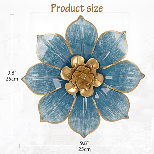 10" Metal Flowers Wall Decor, Blue & Gold 3D Floral Metal Wall Art Decor for Inoor & Outdoor Use, Vintage & Modern Walls Arts for Bathroom, Living Room, Bedroom, Office, Garden, Patio, Porch, 1 Piece - color: # 1 Blue and Gold