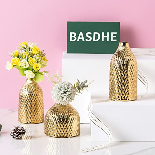 Ceramic Vase Set - 3 Small Vases, Luxurious Home Decor, Great for Centerpieces; Ideal Shelf Décor, Table Décor, Bookshelf, Mantle, Entryway- Gold