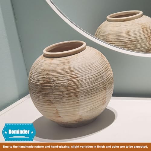 Rustic Ribbed Vase Home Decor - 6 in Ceramic Vintage Farmhouse Vases for Decor, Decorative Terracotta Round Bowl vase for Living Room, Table, Shelf, Kichen Decor - style: 01 - Small Rustic Ribbed Beige