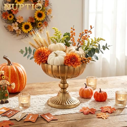 NUPTIO Gold Compote Vase for Centerpiece: 7.95" Tall Pedestal Footed Bowl for Flowers - Distressed Brass Urn for Wedding Table Decorative Set of 2 - size: 8.15"H - 2pcs