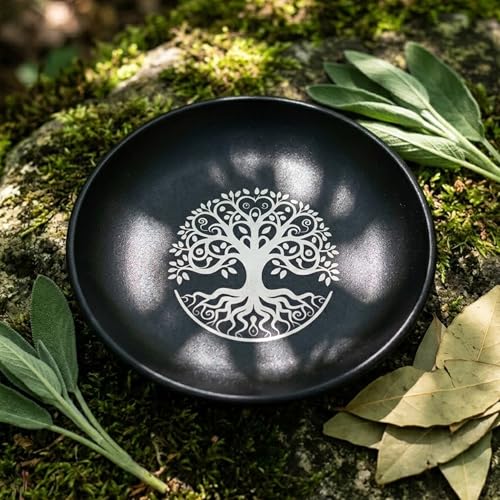 5.5inch Altar Ritual Plate Dish Stainless Steel Flat Bowl Round Metal Jewelry Tray Astrology Tarot Plate Ring Trinket Holder for Smudging Decoration Trays (Tree of Life Black) - color: Tree of Life Black