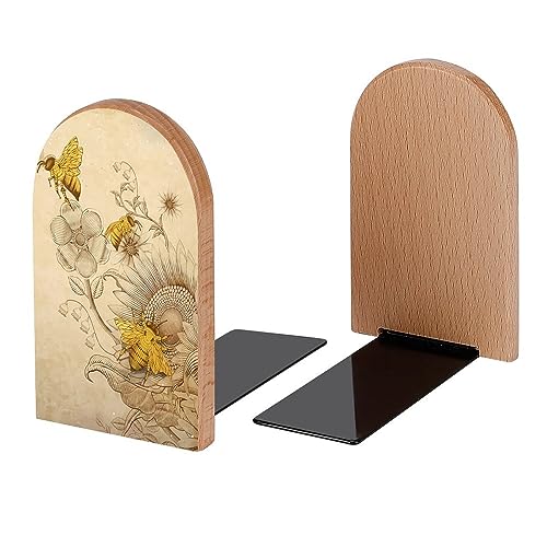 Retro Bees on Wildflowers Book Ends Decorative Wood Bookends for Shelves Kids Room Desk Home Office Book Stoppers for Magazines,Books, DVDs, 1 Pair/2 Pieces(5x3.1 in)