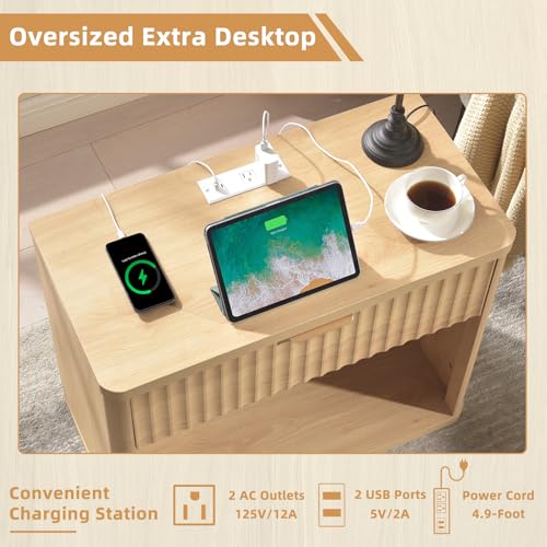 LEYAOYAO 31" Wide Fluted Nightstand with Charging Station, Oversized Extra Large 1 Drawer Night Stand with Golden Handle, Natural Wood Bedside Table Tall End Tables,for Bedroom, Living Room, Hallway - color: Natural, size: 1 Drawers