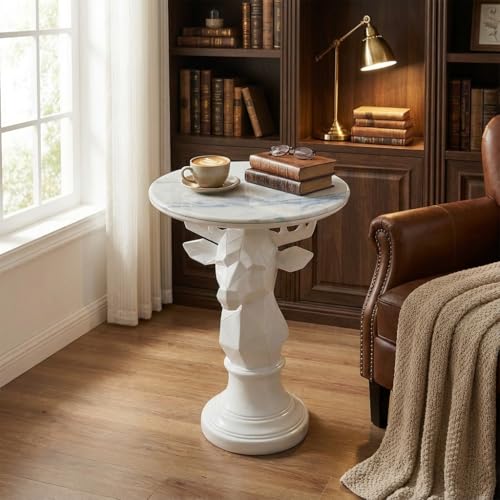 Deer Side Table for Living Room - 20" Faux Marble Top Accent End Table with Hand-Carved Resin Deer Statue Base - Modern Round Bedside Table for Bedroom, Patio, Entryway,Gift - Tool-Free Setup - color: White Deer