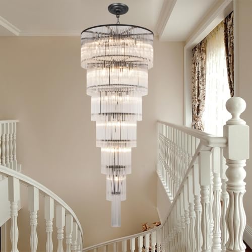 Black Glass Chandeliers for High Ceiling, 7-Tier Glass Rod Chandelier H71 Modern Foyer Entryway Ceiling Light Fixture for Staircase Living Room Entry Extra Long - size: 7-tier Black (27.5" x 71")