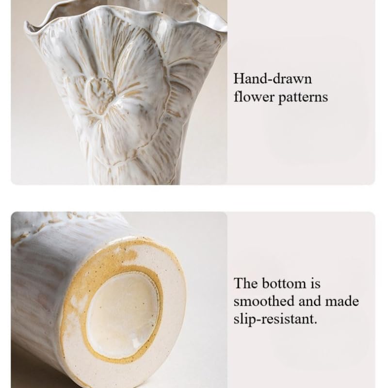Handmade Vintage Ceramic Vase with Open Hand Drawn Beige Flower Pattern and Innovative Floral Design