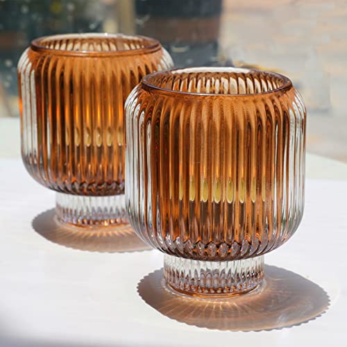 Woho Votive Candle Holders for Wedding Centerpieces, Tealight Candle Holder Set of 2, Glass Votive Candle Holder Bulk for Home Decor(Brown, 3.5'' Tall 3.1'' Diameter) - color: Brown