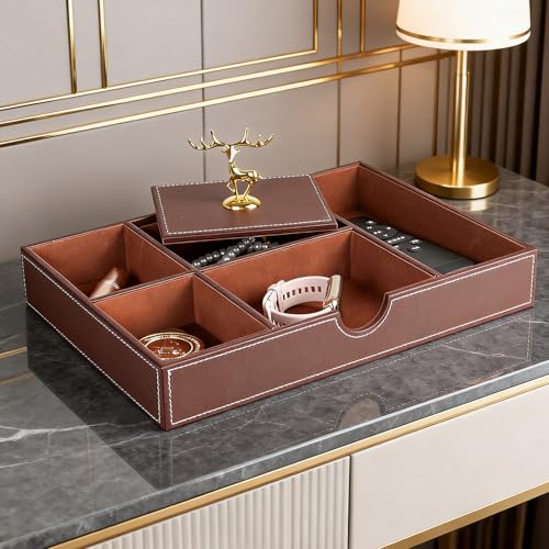 Jewelry Trays Nightstand Organizer, Valet Tray for Men and Women, Tray Organizer,Can hold Mobile phones, watches, cosmetics, keys. Dark Brown Faux Leather, 5 CompartmentCompartment - color: brown