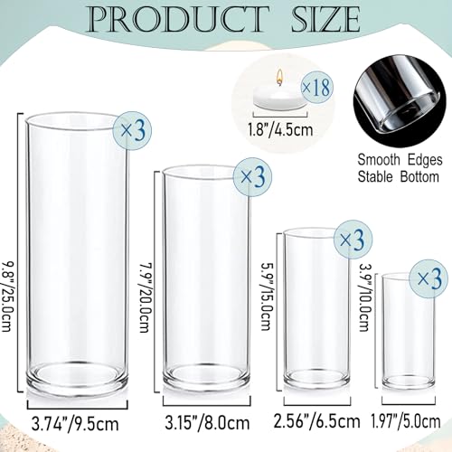 Set of 12 Pcs Glass Cylinder Vases for Centerpieces with 18 Pcs White Floating Candles for Centerpieces Glass Candle Holder for Table Shelf Wedding Party Home Decor (4"+6"+8"+10") - size: 12 SET