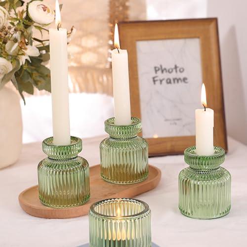 DARJEN 12 Pcs Glass Candlestick Holders- Green Taper Candlestick Holders Tealight Votive Candle Holders for Table Centerpieces, Wedding, Dinner Party, Home Decor - color: Green, size: 12Pcs