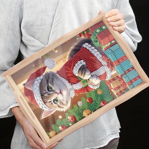 Tontut DIY Diamond Art Tray Wooden Pallet Kits, Christmas Gift Kitten 5D Cartoon Handle Craft Painting kit, Suitable for Home, Party, bar, Christmas, can be Given as a Gift to Relatives, Friends - color: Christmas Cat