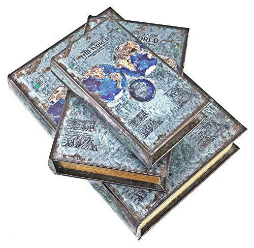 Bellaa 25952 Decorative Book Box Gift Set of 3 Vintage Hidden Invisible Secret Storage Heavy Bookends Bookshelves Support End Magnetic Cover Stash Designed Wood Flux Leather Silver Foil - style: Silver Foil