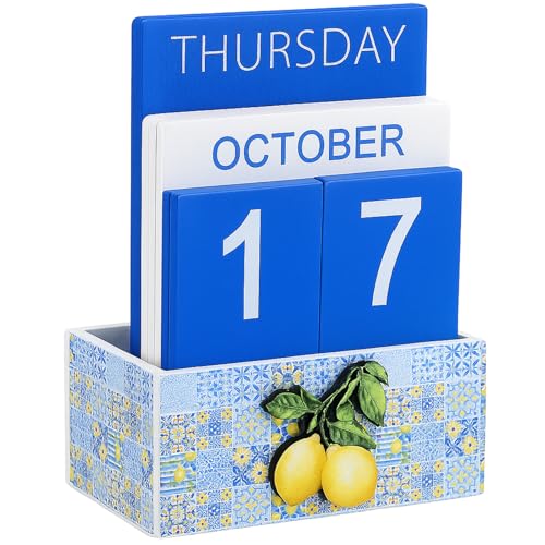 AceOrbit Tile Lemon Wood Block Perpetual Calendar Coquettish Desk Decor Blue Mediterranean Amalfi Coast Decor Cute Month Week Date Display Decorative Block Calendar for Office Home Desk Gift for Women - style: Tile Lemon
