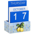 AceOrbit Tile Lemon Wood Block Perpetual Calendar Coquettish Desk Decor Blue Mediterranean Amalfi Coast Decor Cute Month Week Date Display Decorative Block Calendar for Office Home Desk Gift for Women - style: Tile Lemon