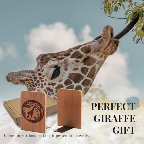 Giraffe Gifts, Giraffe Bookends - Heavy Duty Iron & Ebony Wood Book Ends for Shelves Bookcase Desk - 1 Pair, 4.72x6.69 Inches - Eating Leaves - color: Eating