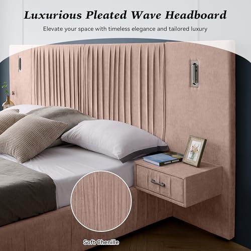 Luxury Queen Size Bed Frame with Oversized Upholstered Headboard, Modern Chenille Upholstered Platform Bed Frame with Gold LED Lights, Nightstands, No Box Spring Needed, Pink - color: Pink, size: Queen