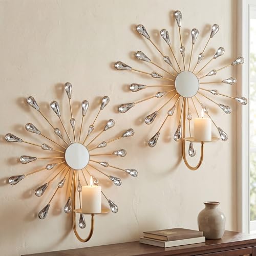 Crystal Rhinestone Wall Candle Sconces Set of 2 Bling Diamond Metal Sunburst Candle Holders Iron Decorative Wall Mounted Holders for Living Room Bedroom Bathroom Gold - color: Gold