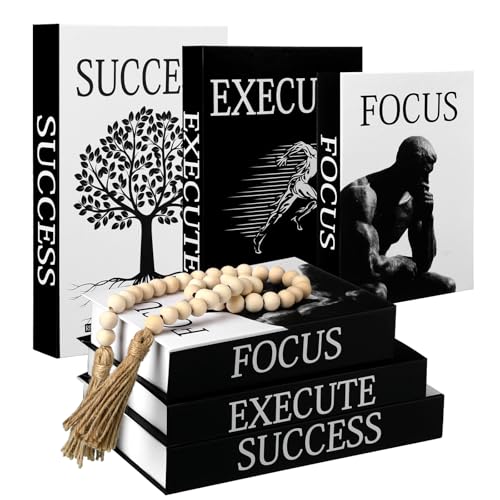 Menkxi 6 Motivational Decorative Books with Wood Bead Tassel Garland - Modern Faux Books for Office Desk, Bookshelf & Coffee Table Decor - Inspirational Aesthetic Black & White Fake Book Box Set - style: Focus