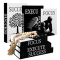 Menkxi 6 Motivational Decorative Books with Wood Bead Tassel Garland - Modern Faux Books for Office Desk, Bookshelf & Coffee Table Decor - Inspirational Aesthetic Black & White Fake Book Box Set - style: Focus