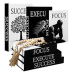 Menkxi 6 Motivational Decorative Books with Wood Bead Tassel Garland - Modern Faux Books for Office Desk, Bookshelf & Coffee Table Decor - Inspirational Aesthetic Black & White Fake Book Box Set - style: Focus