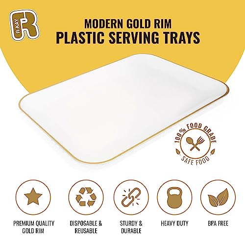 R-kay 3 Pack Plastic Serving Trays for Party - White and Gold Tray 8 by 11 in Heavy Duty Dessert Food Rectangular Premium Platters - color: White and Gold Rim