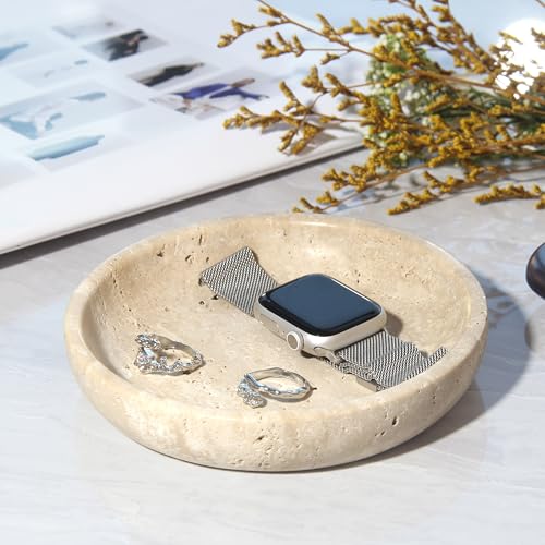 Small Natural Marble Jewelry Tray Key Plate Holder Dish Trinket Decor Catch All Bowl for Ring Earring Stone Gift for Women Daugther,Beige Travertine，5.5" - color: Beige Travertine