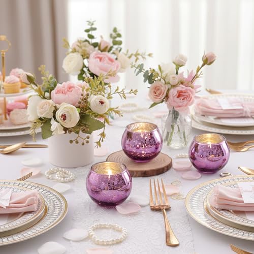 24 Pcs Purple Votive Candle Holders for Wedding Decor, Purple Mercury Glass Candle Holders for Table Centerpieces, Tea Light Holder for Wedding Bridal Shower Party Supplies - color: Purple