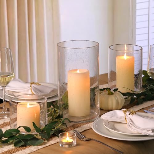 Large Hurricane Candle Holder Set of 3 Clear Candle Holders for Pillar Candles, Seeded Bubbles Glass Candle Holder for Table Centerpiece, Glass Cylinder Vases for Home, Patio and Wedding 10" 7" 4" H - color: Clear, size: Large