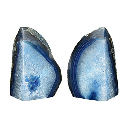 JIC Gem Agate Bookends Dyed Blue Book Ends for Heavy Books Geode Bookends for Bookshelf Decor Cute Stone Bookends with Rubber Bumpers for Office Décor and Home Decoration(1 Pair,6 to 8 Lbs) - color: Blue Dyed, size: 6-8LBS.