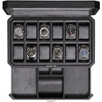 ROTHWELL 12 Slot Leather Watch Box with Valet Drawer - Luxury Watch and Jewelry Case Display Organizer, Microsuede liner, Mens Locking Storage Holder Large Glass Top (Black/Grey) - color: Black/Grey