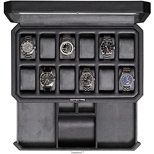 ROTHWELL 12 Slot Leather Watch Box with Valet Drawer - Luxury Watch and Jewelry Case Display Organizer, Microsuede liner, Mens Locking Storage Holder Large Glass Top (Black/Grey) - color: Black / Grey
