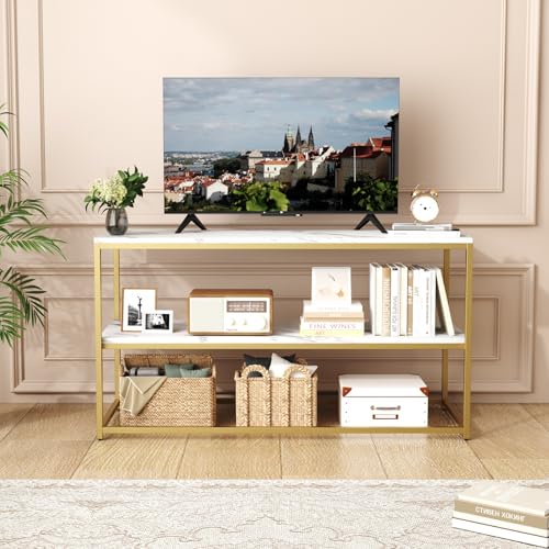 Function Home TV Stand for TVs up to 50 Inch, 2 Tier Entertainment Center, Modern TV Cabinet with Marble Top and Gold Metal Base, 42" Media Console Table with Storage for Living Room Bedroom - color: 42" Gold
