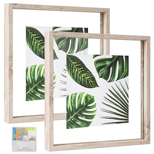 MUYE 12x12 Floating Frame Distressed Beige White Wood Pattern,Double Glass Square Picture Frame Set of 2 Display Any Size Photo up to 12x12,Wall Mount or Tabletop - color: Beige, size: 12x12