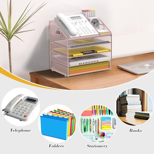 Letter Tray Paper, 5 Tier Desk Organizer with Pen Holder and Handle, Mesh File Organizer Paper Sorter Metal Desktop Document Shelf for Office Home Classroom - Pink - color: 5 Tier-pink