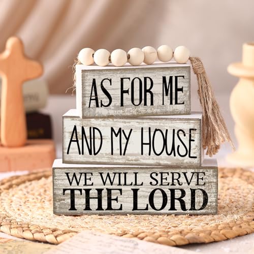 Yuntau 4 Pcs Farmhouse Bible Verse Decor Farmhouse Tiered Tray Decor Rustic Retro Wood Bead Garlands for Me and My House We Will Serve the Lord Block Christian Jesus Sign for Home Shelf Mantel - style: Bible Verse